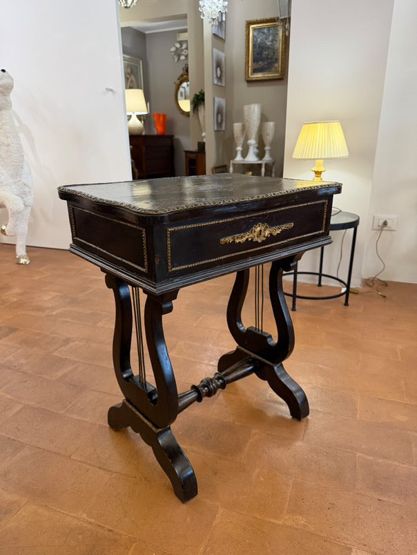 Console Antica '800 Stile Impero con Gambe a Lira e Fregi Dorati con Specchio Interno