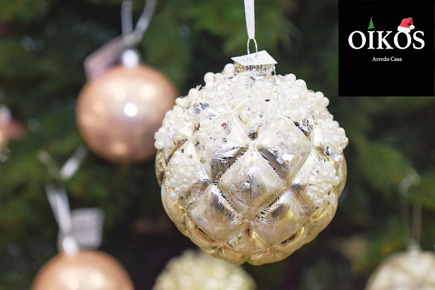 Decoro per Albero di Natale Pallina in vetro soffiato COLOR ARGENTO con pailettes e perline - Scegli il diametro 8 o 10 cm