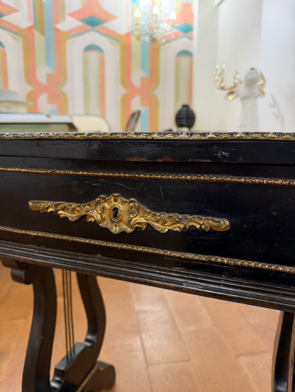 Console Antica '800 Stile Impero con Gambe a Lira e Fregi Dorati con Specchio Interno