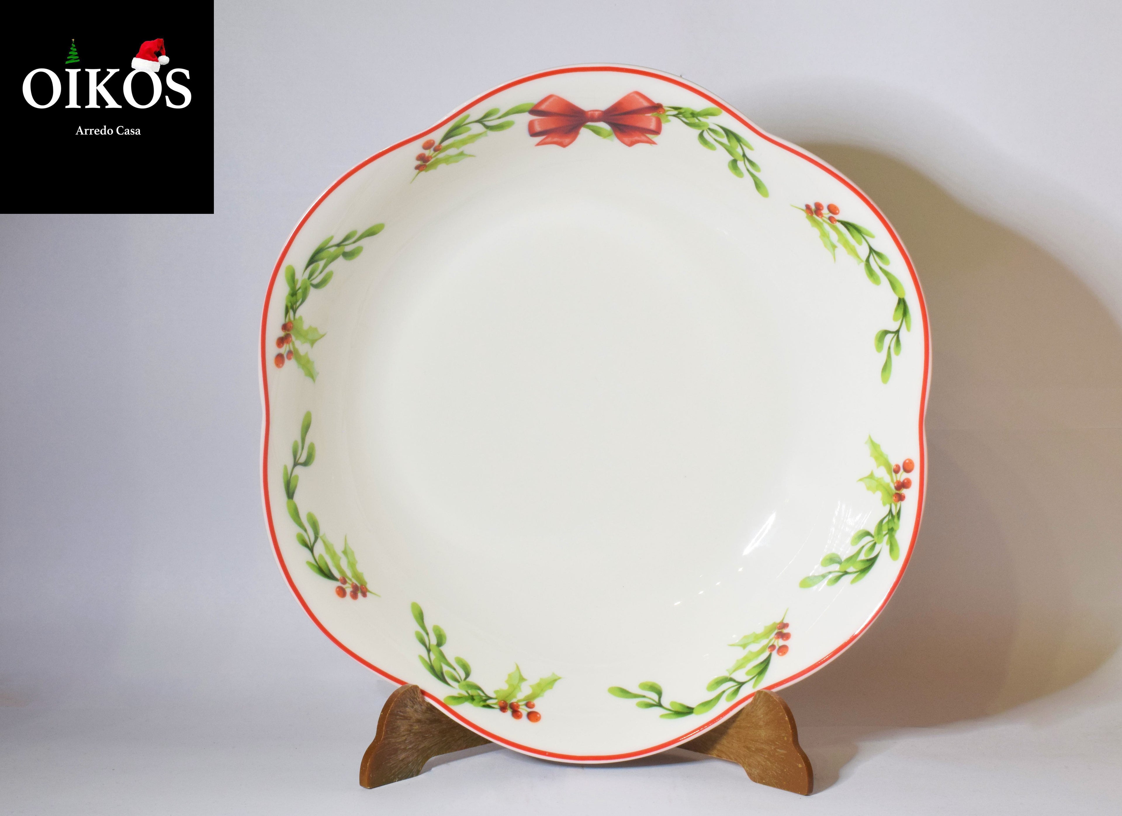 Servizio da n° 6 Posti tavola decoro Natale - Piatto lavorato in Porcellana Bone China Altissima qualità con piatto bordo irregolare