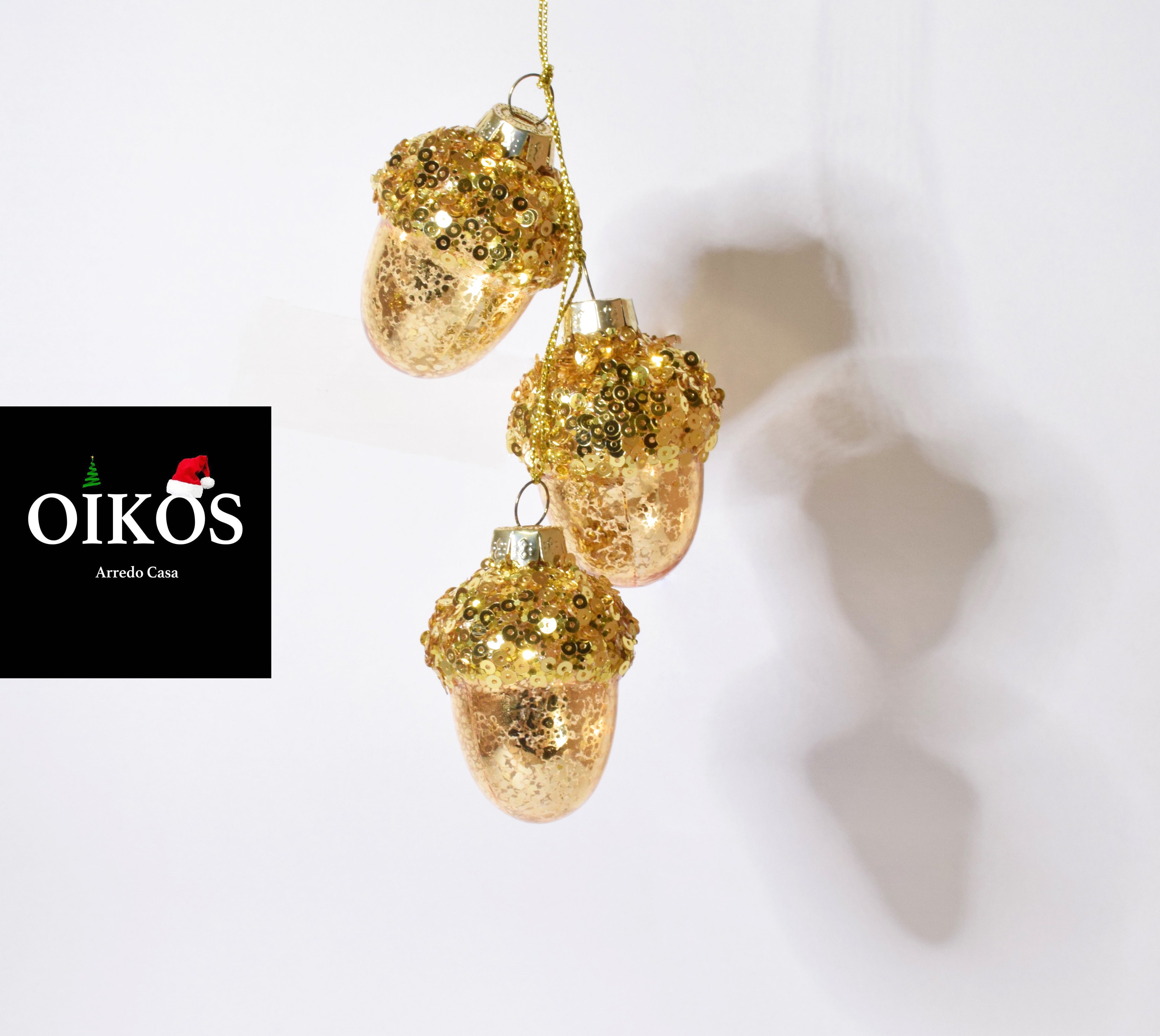 Decoro da tavola o da Albero di Natale Set n° 3 Ghiande in vetro soffiato oro con Pailettes 5 x 4,5 cm