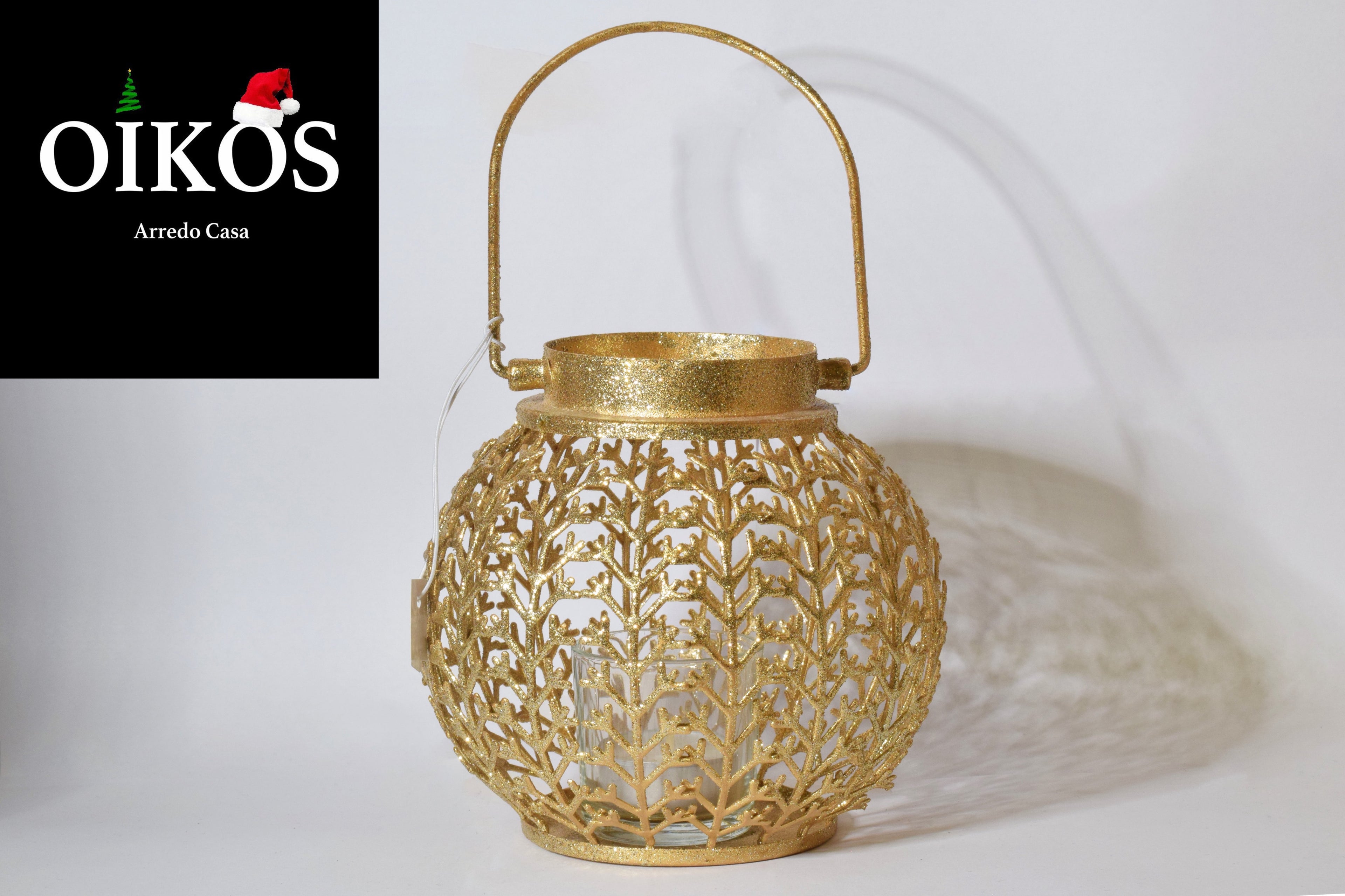 Lanterna lume portacero Natale - brillantinato Oro - Diam. 13 cm