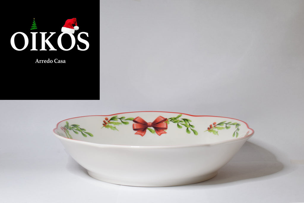 Servizio da n° 6 Posti tavola decoro Natale - Piatto lavorato in Porcellana Bone China Altissima qualità con piatto bordo irregolare