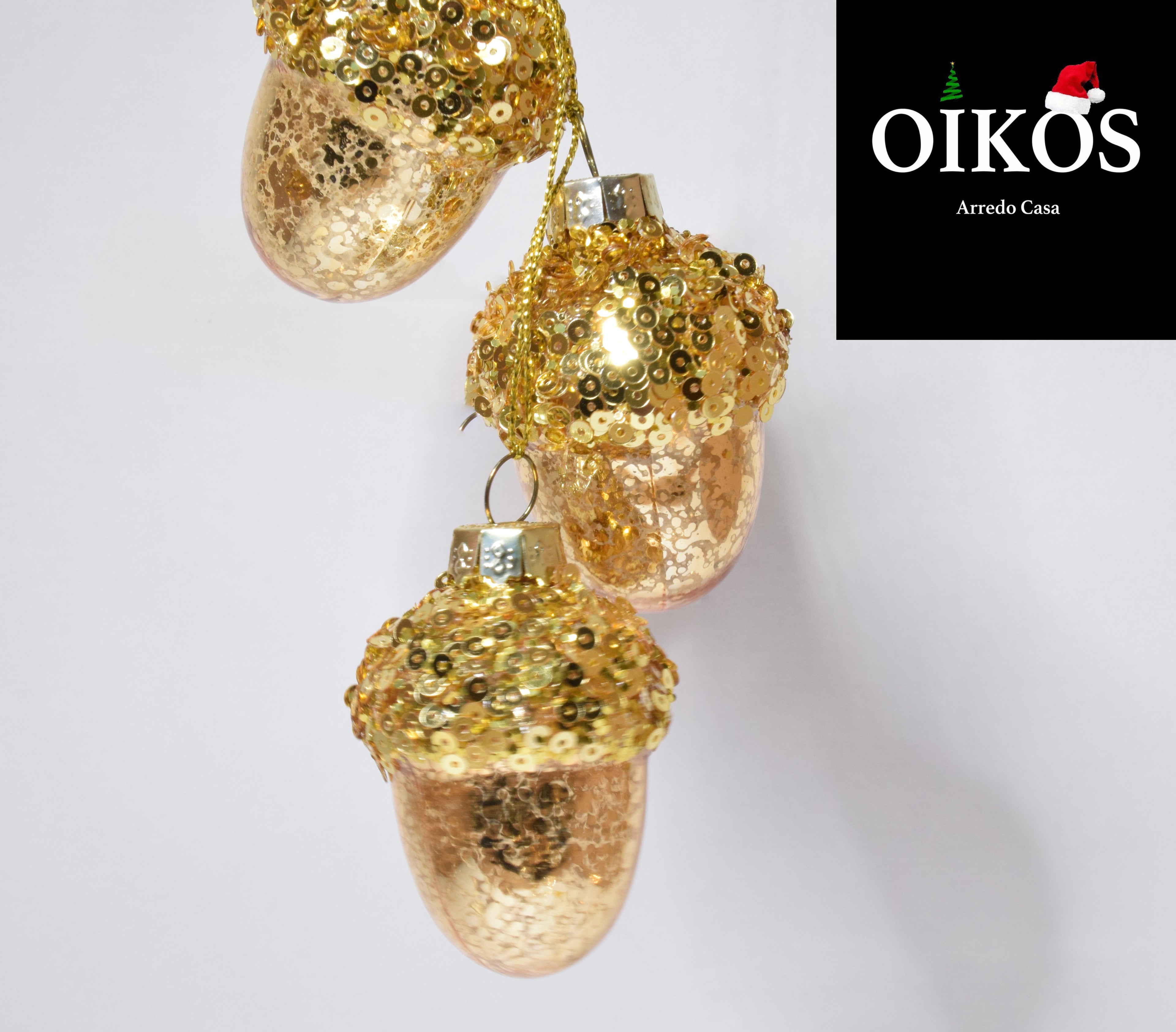 Decoro da tavola o da Albero di Natale Set n° 3 Ghiande in vetro soffiato oro con Pailettes 5 x 4,5 cm