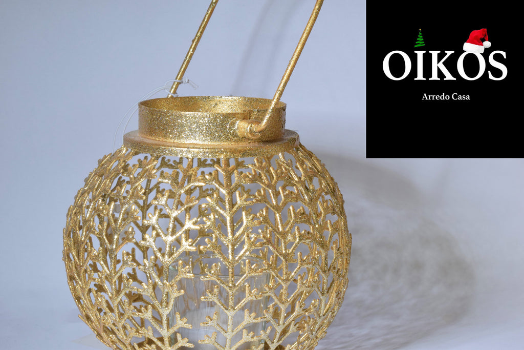 Lanterna lume portacero Natale - brillantinato Oro - Diam. 13 cm