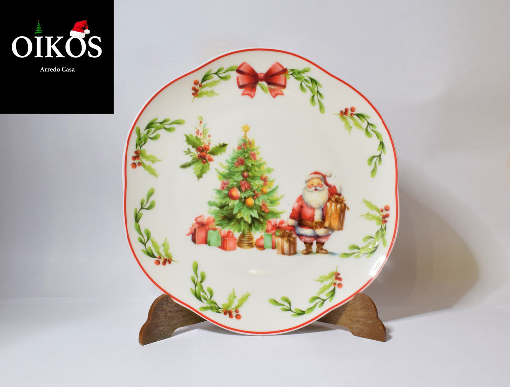 Servizio da n° 6 Posti tavola decoro Natale - Piatto lavorato in Porcellana Bone China Altissima qualità con piatto bordo irregolare