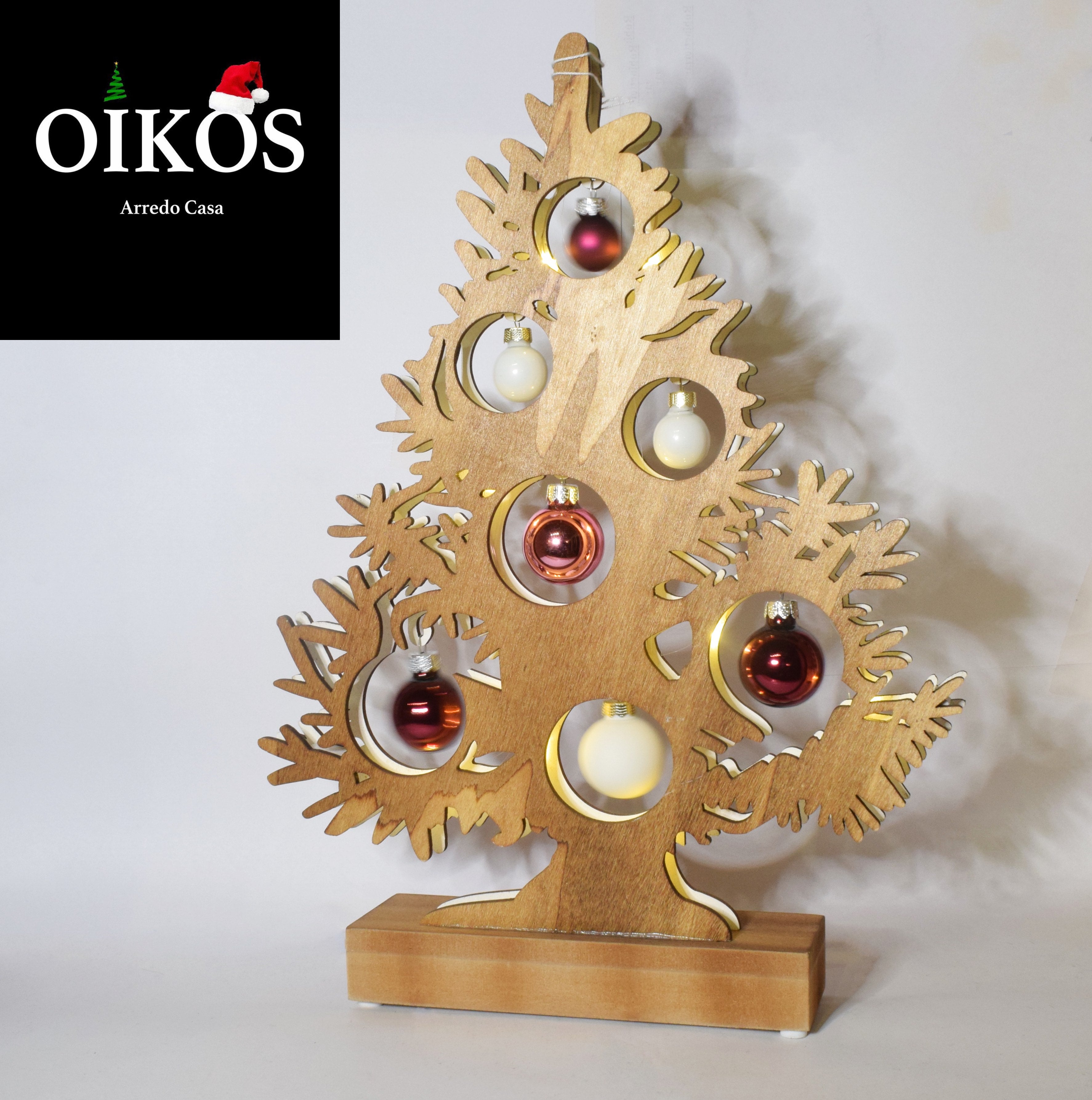 Albero di Natale da tavolo in legno con palline in vetro soffiato ed illuminazione interna Led h. 33 cm