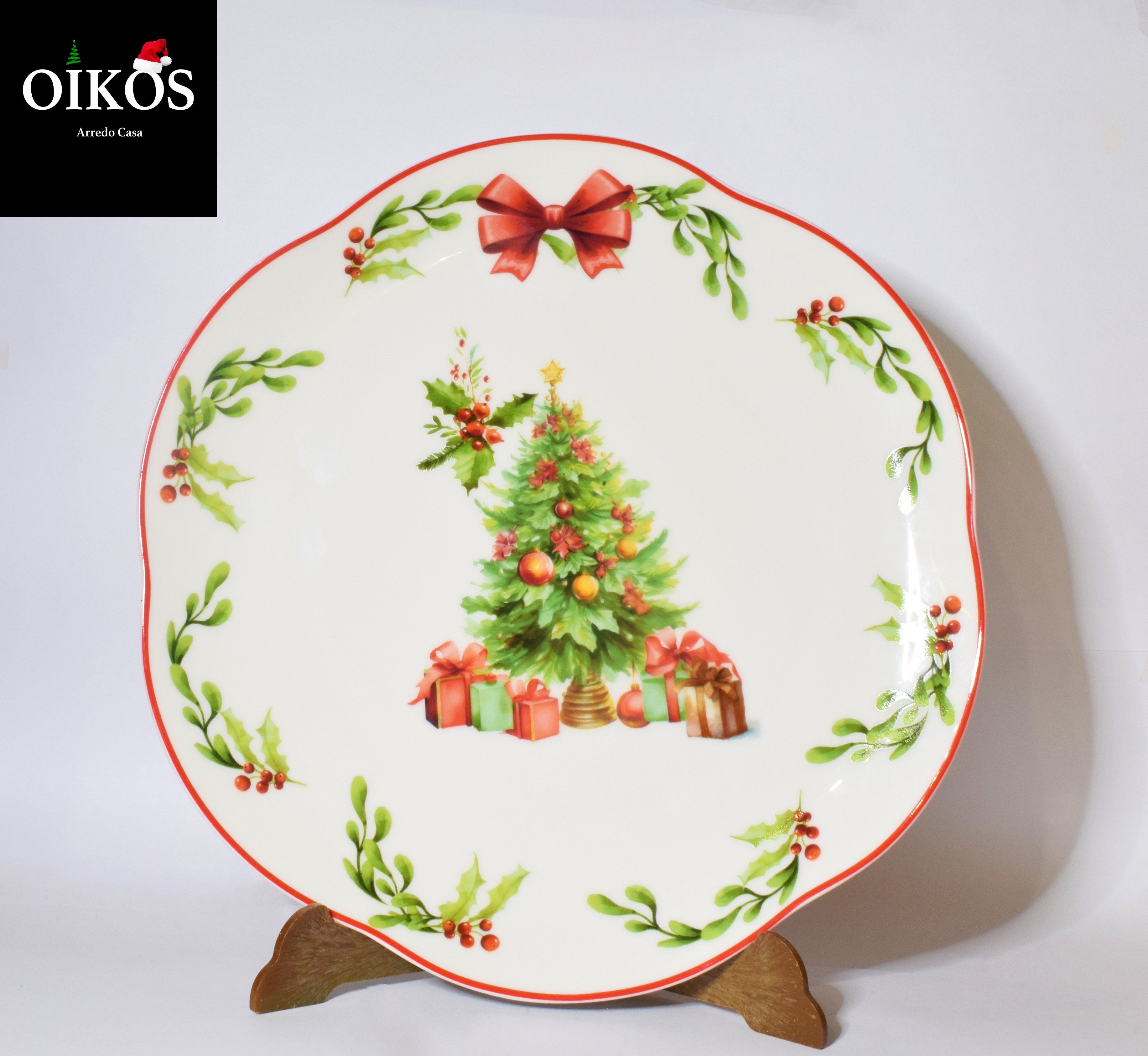 Servizio da n° 6 Posti tavola decoro Natale - Piatto lavorato in Porcellana Bone China Altissima qualità con piatto bordo irregolare