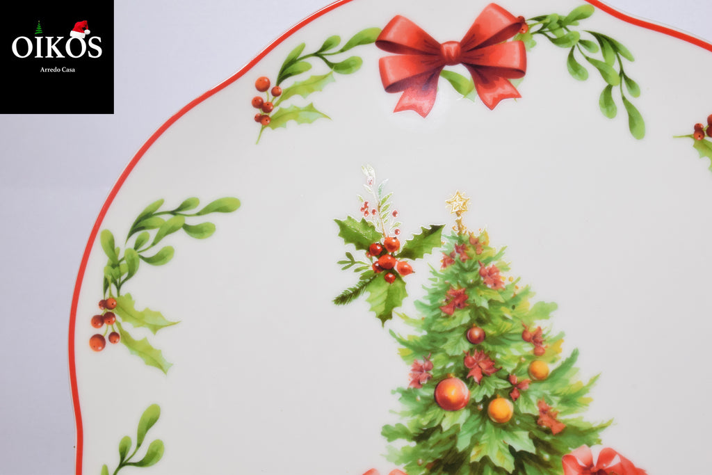 Servizio da n° 6 Posti tavola decoro Natale - Piatto lavorato in Porcellana Bone China Altissima qualità con piatto bordo irregolare