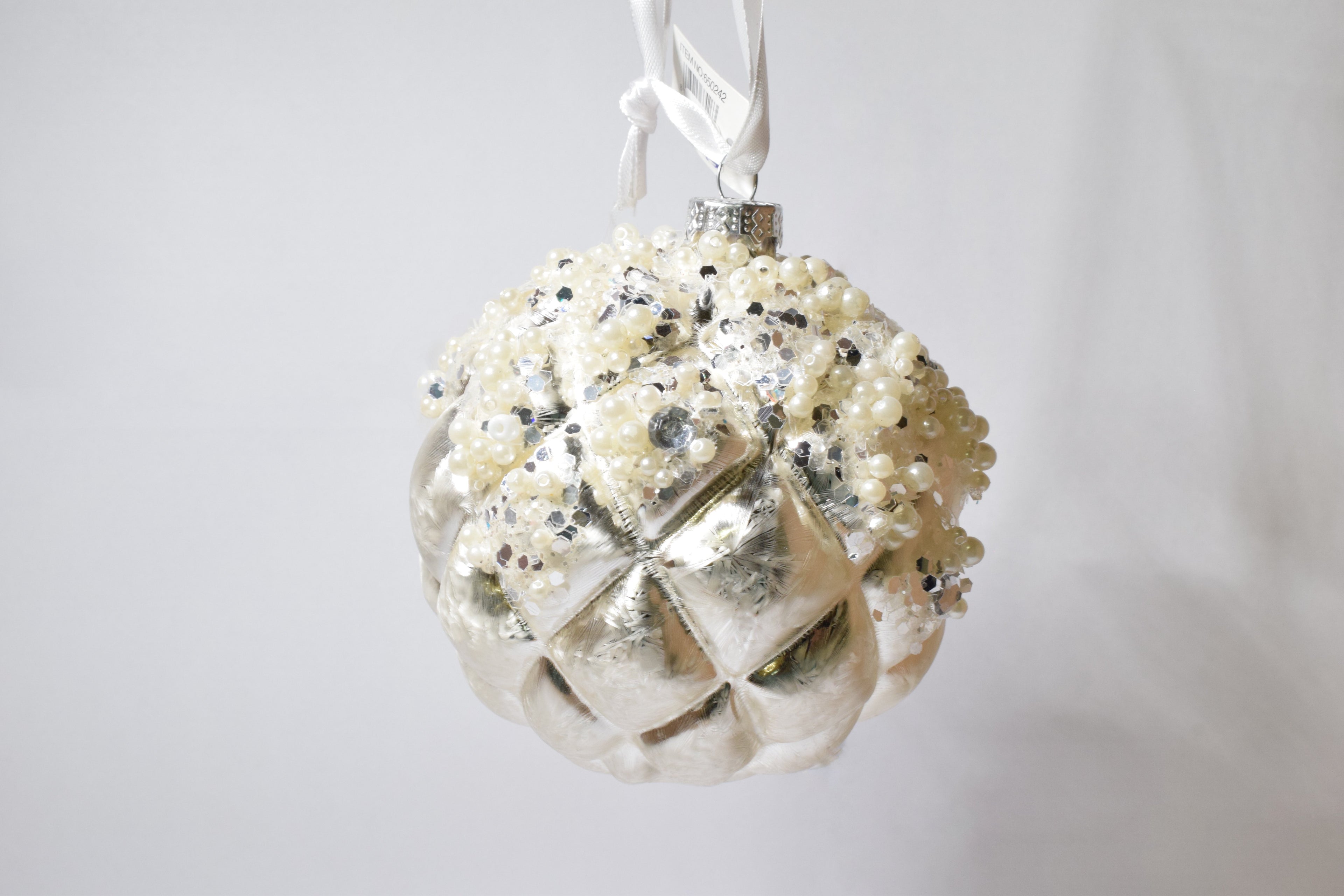 Decoro per Albero di Natale Pallina in vetro soffiato COLOR ARGENTO con pailettes e perline - Scegli il diametro 8 o 10 cm