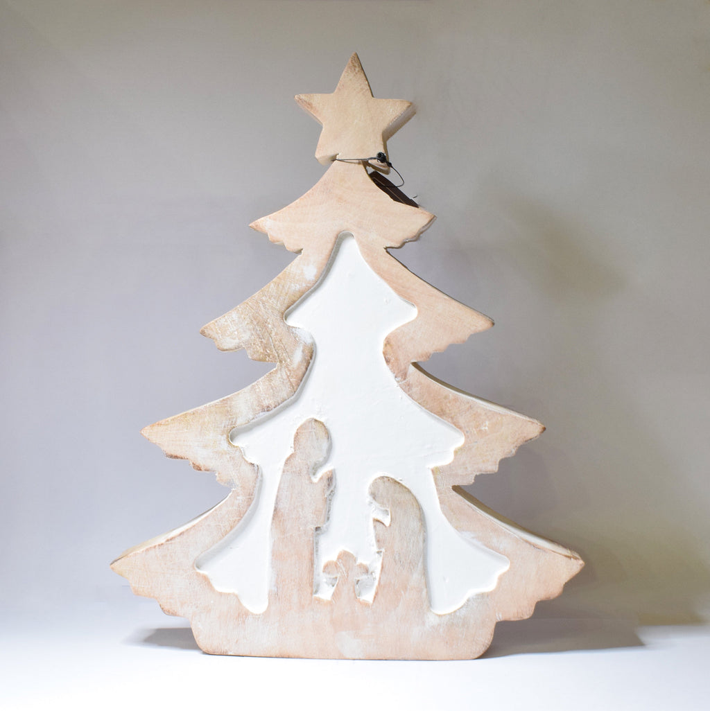 Albero di Natale ornamentale in legno naturale decoro inciso e sbiancato h. 28 cm