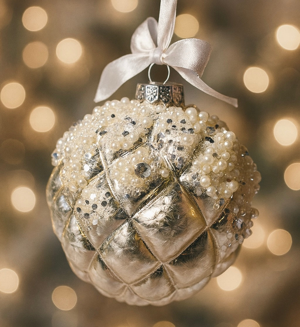 Decoro per Albero di Natale Pallina in vetro soffiato COLOR ARGENTO con pailettes e perline - Scegli il diametro 8 o 10 cm