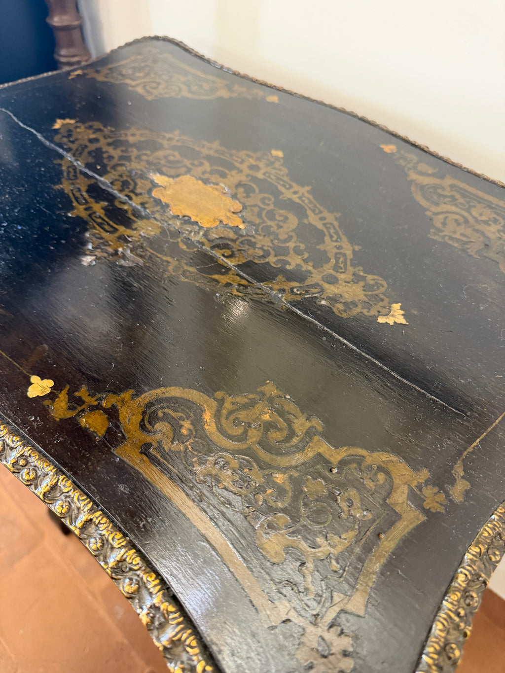 Console Antica '800 Stile Impero con Gambe a Lira e Fregi Dorati con Specchio Interno