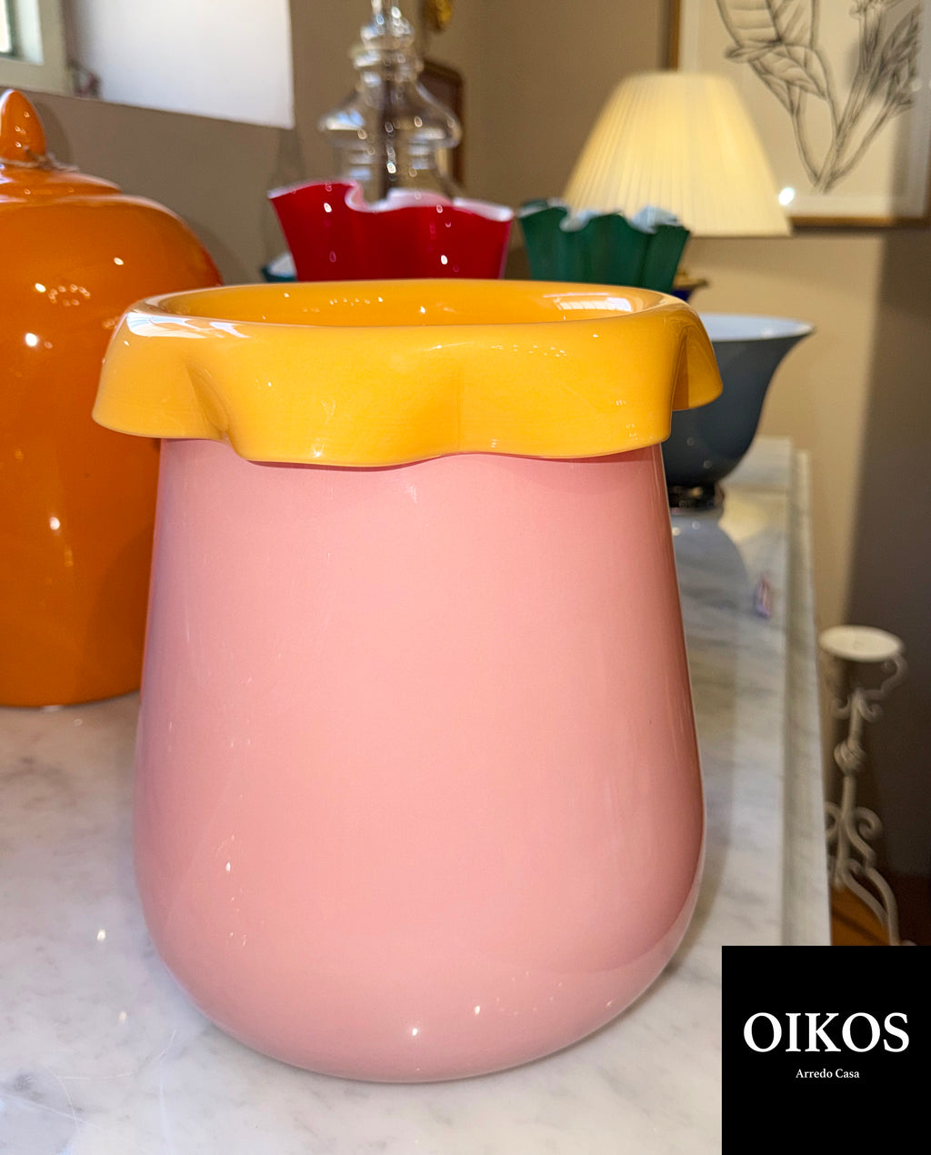 Vaso in vetro Nettare con doppia incamiciatura color fragola e pesca h. 26 cm diam. 19,5 cm