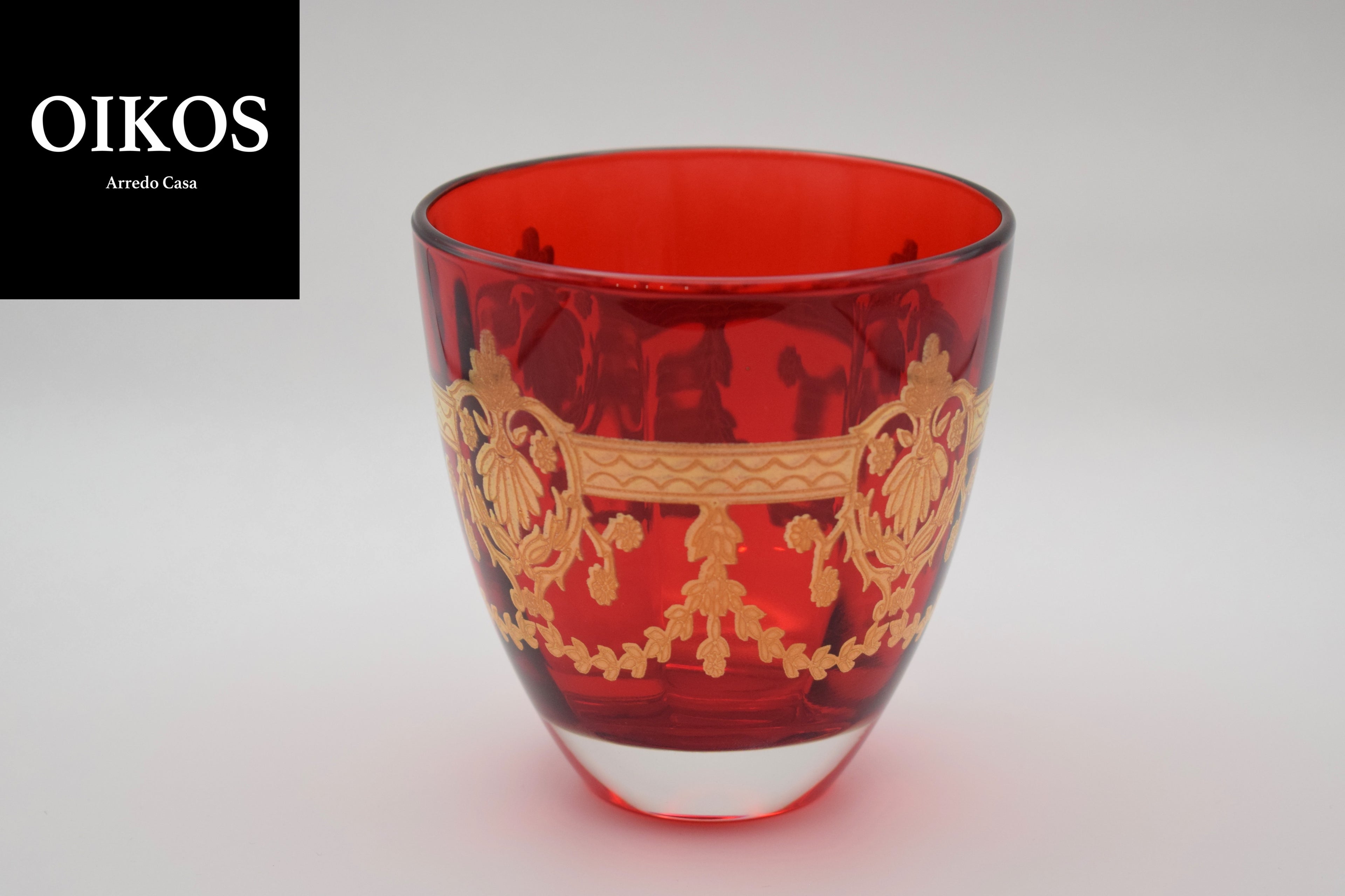 Set da 6 Biccchieri acqua in cristallo alta qualità colorazione rosso con finiture dorate