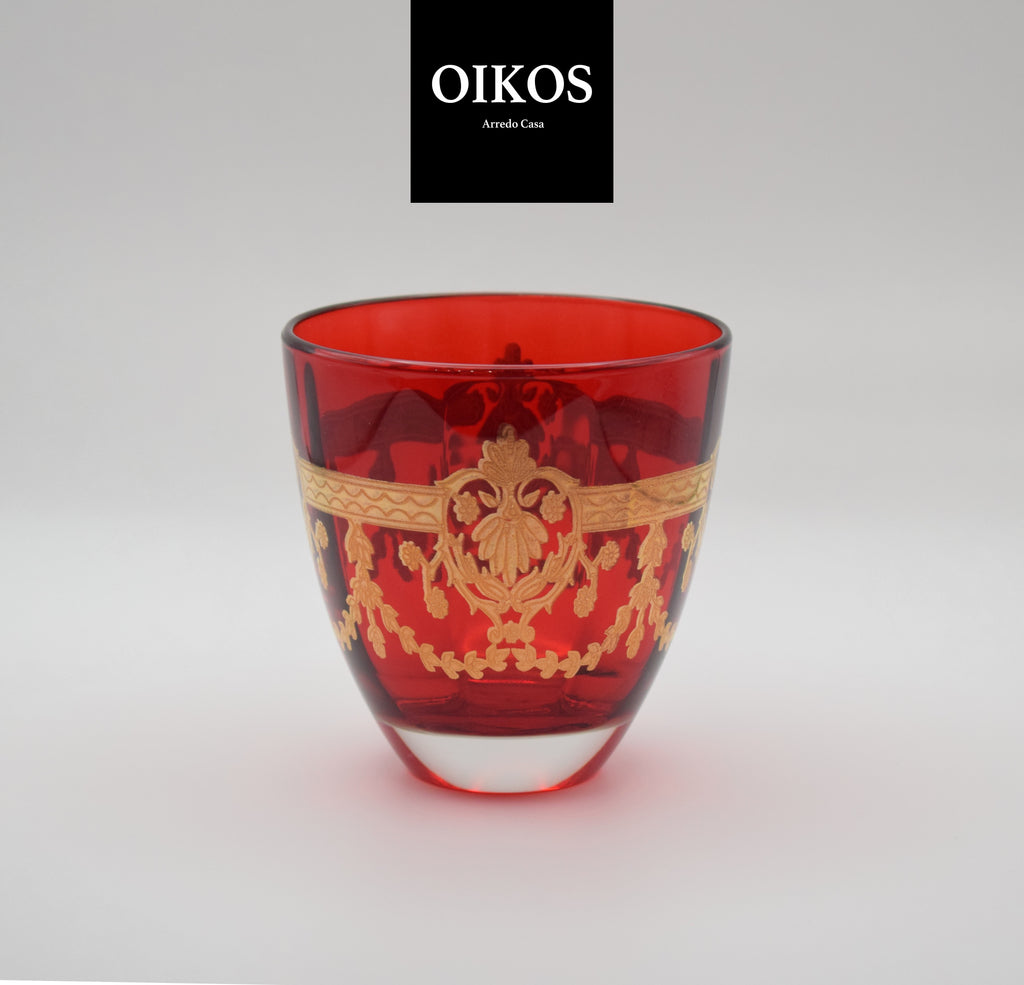 Set da 6 Biccchieri acqua in cristallo alta qualità colorazione rosso con finiture dorate