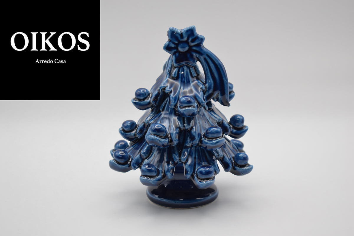 Albero di Natale in Maiolica h. 12 cm Color Blu Oceano Lucido Realizzato a mano secondo le regole dell'antica scuola di Caltagirone