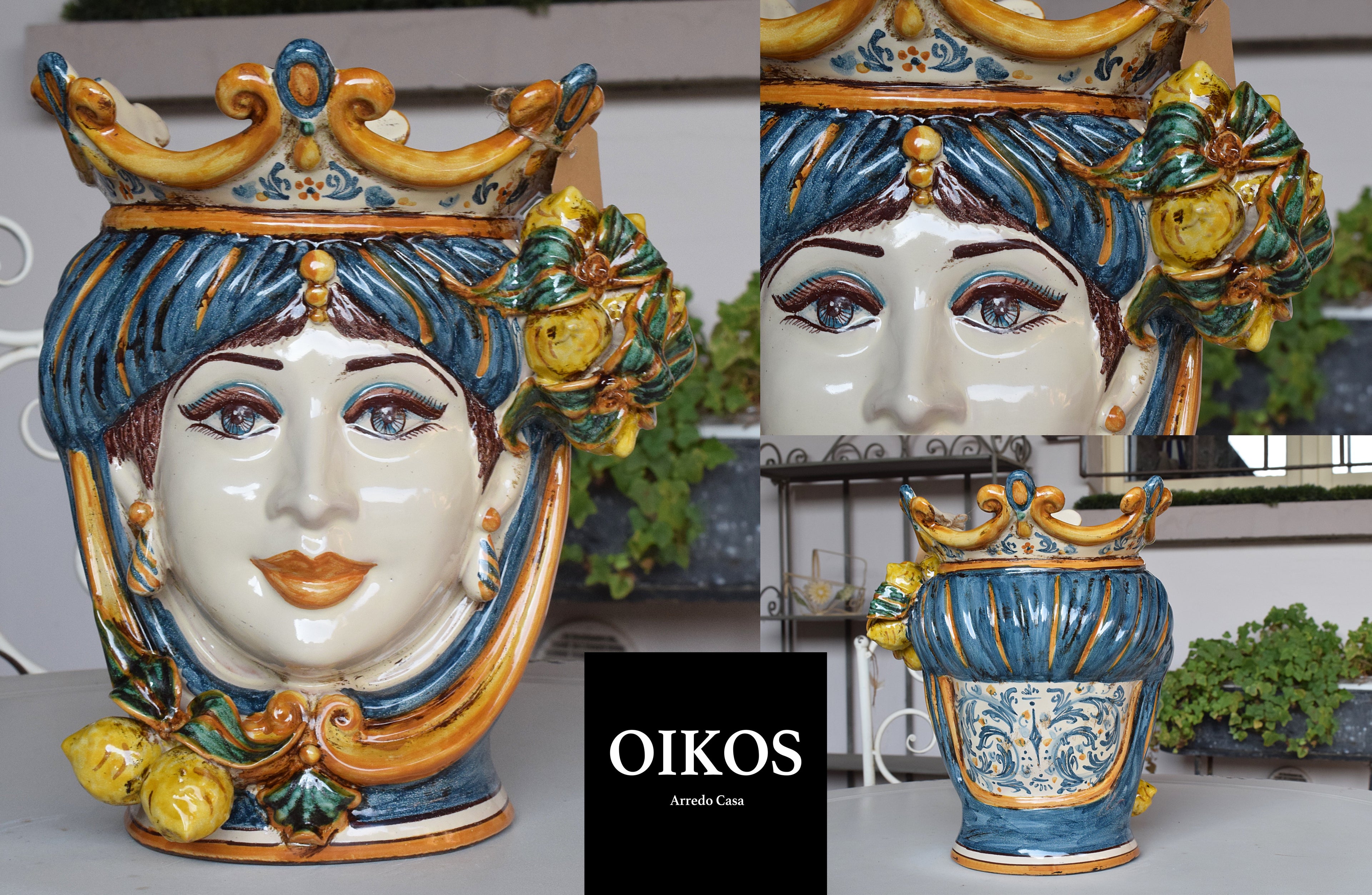 Testa di Moro Siciliana Donna originale firmata Sofia h. 25 - decoro blu con limoni