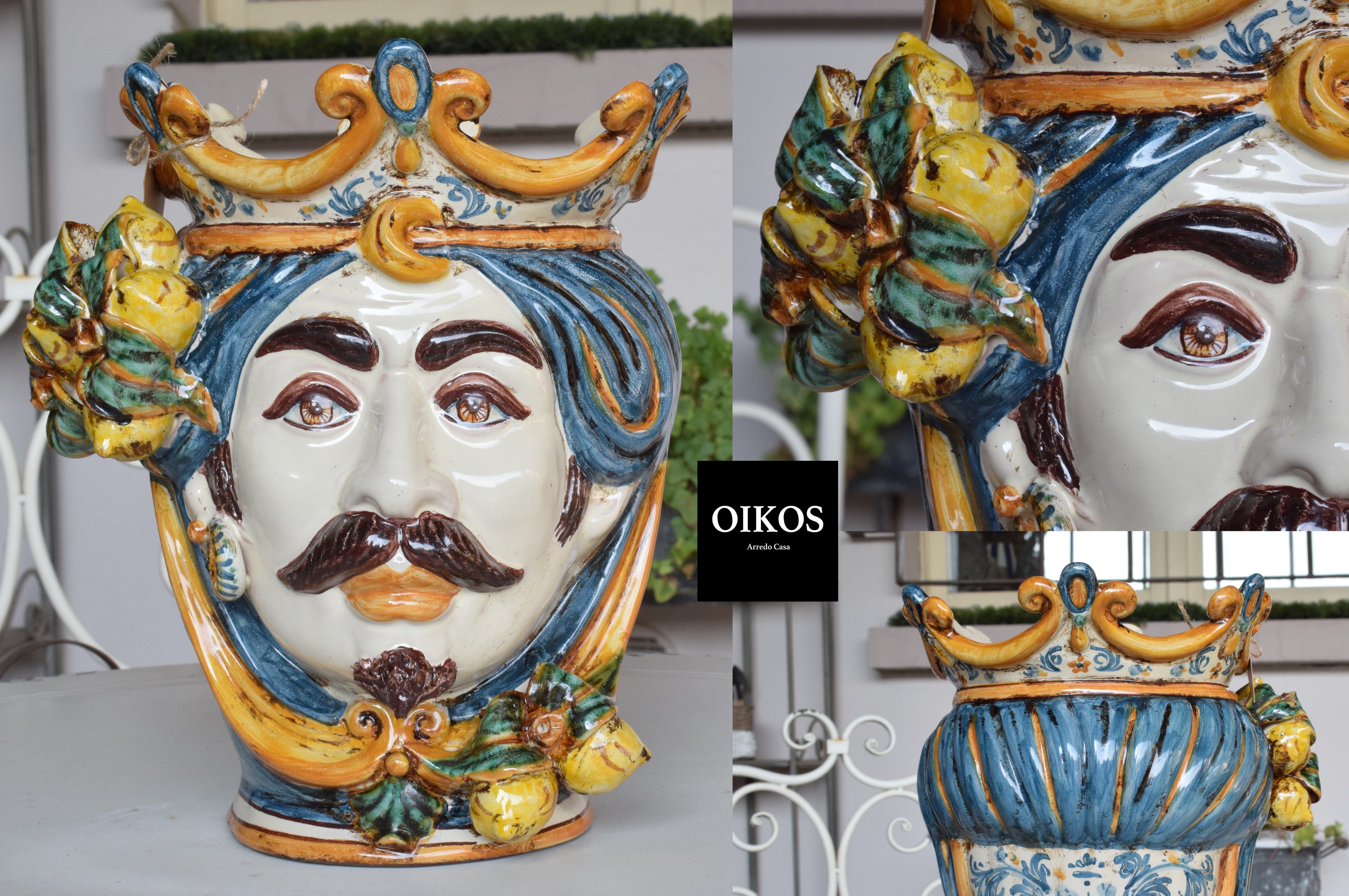 Testa di Moro Siciliana Uomo originale firmata Sofia h. 25 - decoro blu con limoni
