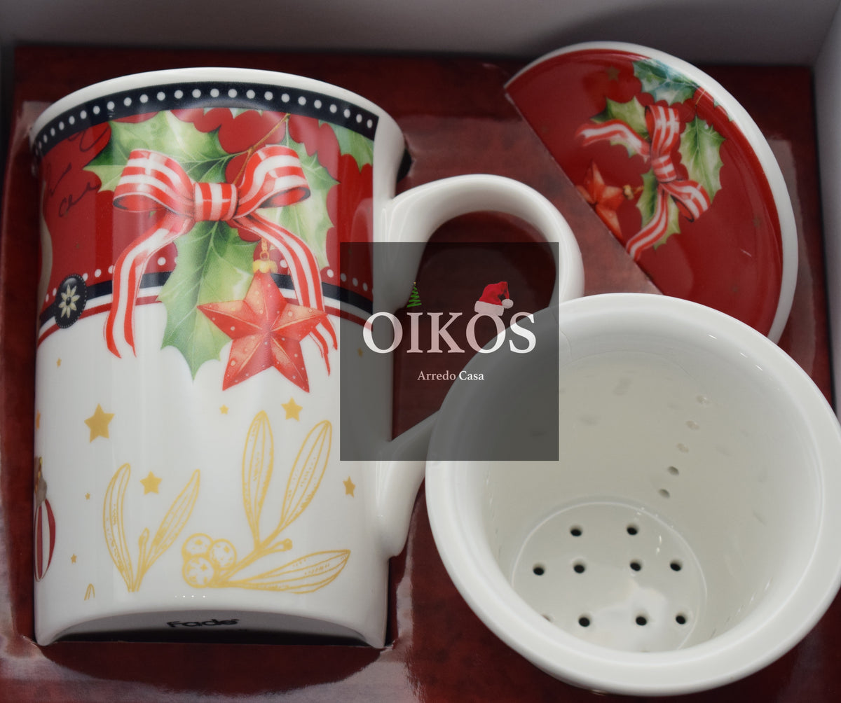 Tazza MUG Natalizia tisana con Filtro - in Porcellana - Completa di BOX regalo - M. 18X16.5X8