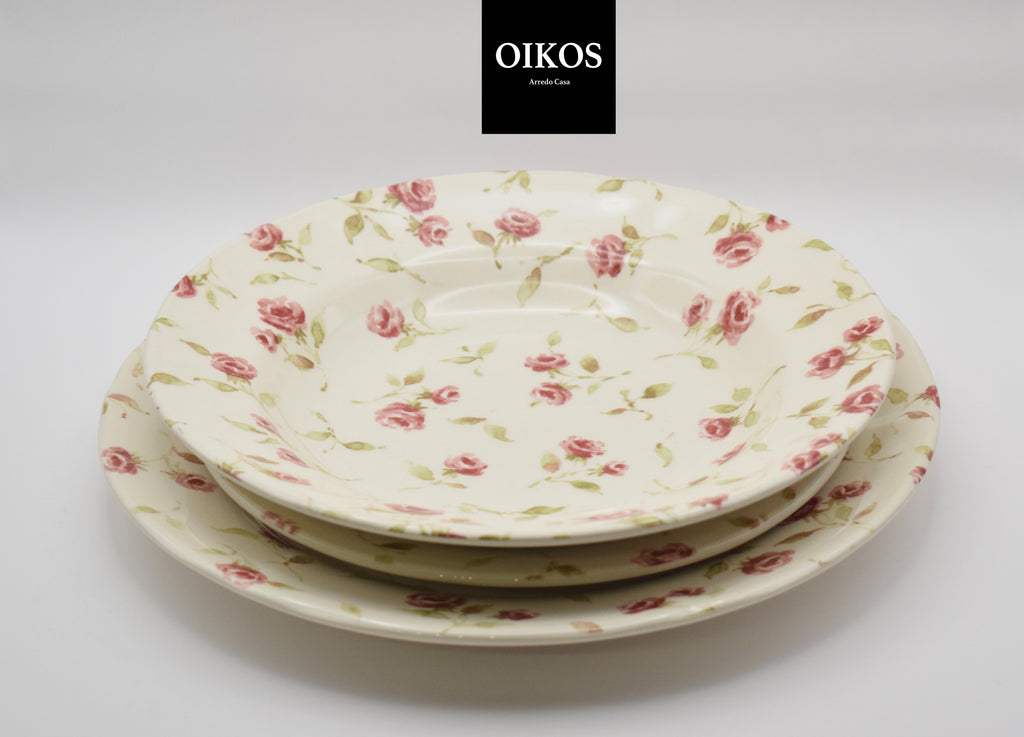 Servizio piatti 18 pezzi in Ceramica - decoro Roselline sfondo crema/avorio