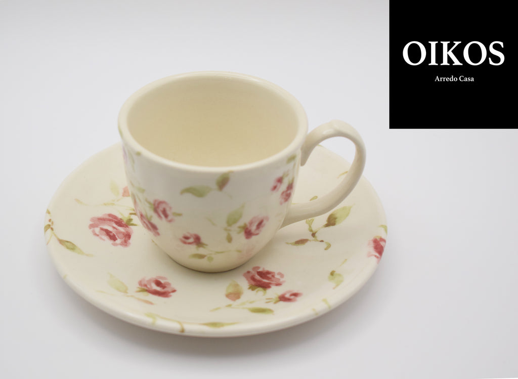 Tazzina caffè con piattino in Ceramica - decoro Roselline sfondo crema/avorio