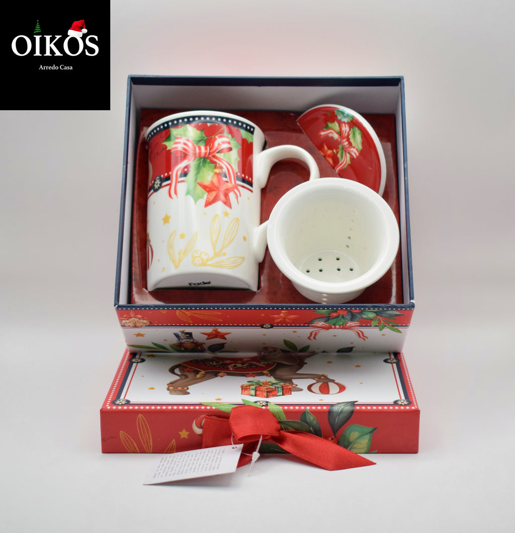 Tazza MUG Natalizia tisana con Filtro - in Porcellana - Completa di BOX regalo - M. 18X16.5X8